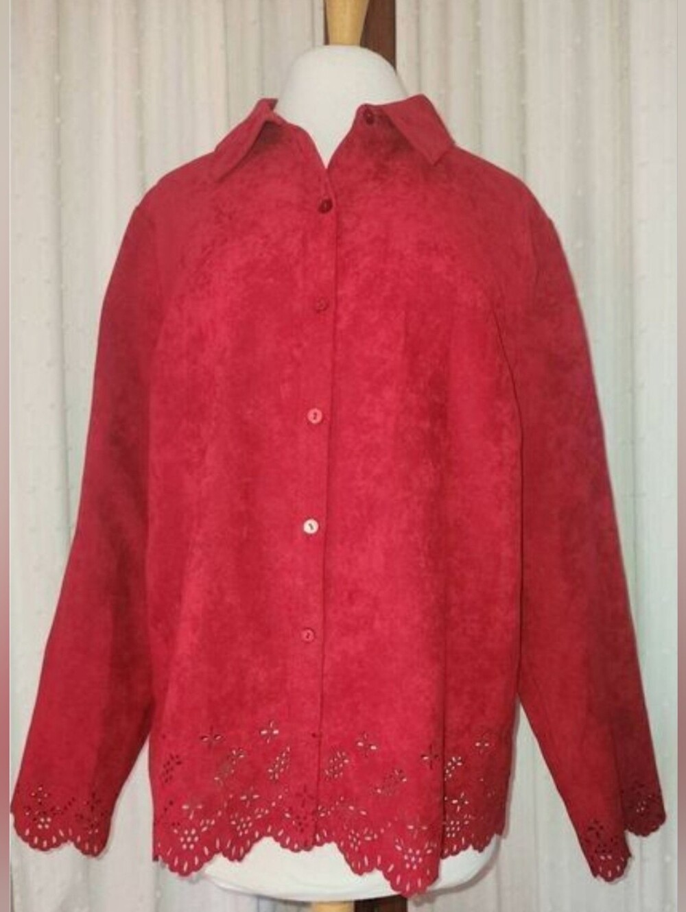U1 Red Eyelet Hem Button-Front Women's dressy faux suede Jacket